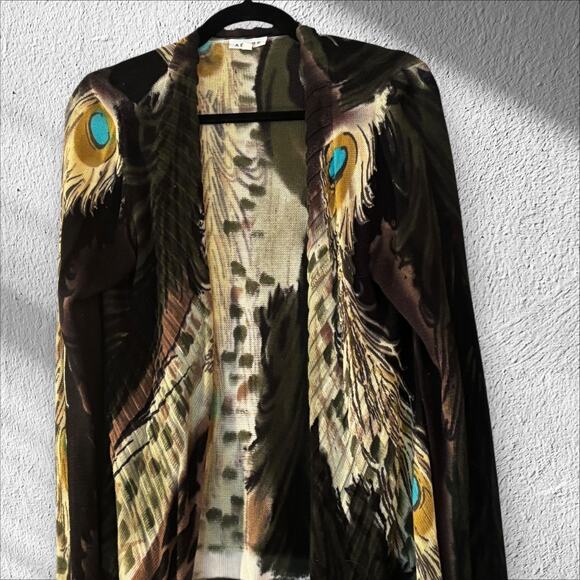 Adore Open Front Waterfall Cardigan L Peacock Feathers Artsy Dynamic Drapey - Picture 2 of 12